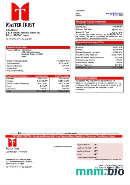 Japonia The Master Trust Bank of Japan wyciąg z kredytu hipotecznego szablon Word i PDF